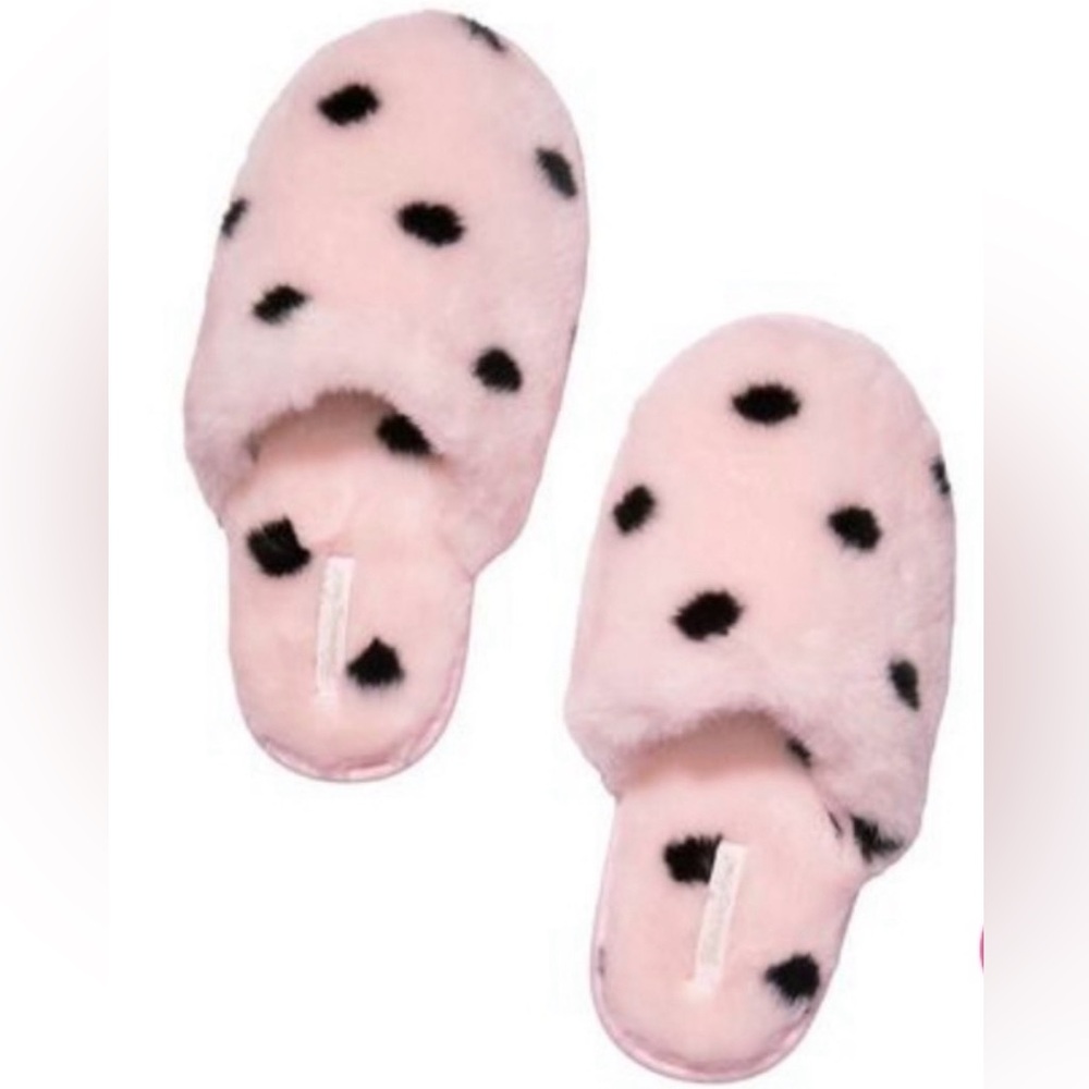 Victoria’s Secret NWT Faux Fur Angel Pink Black Polka Dot Slippers Medium 7/8